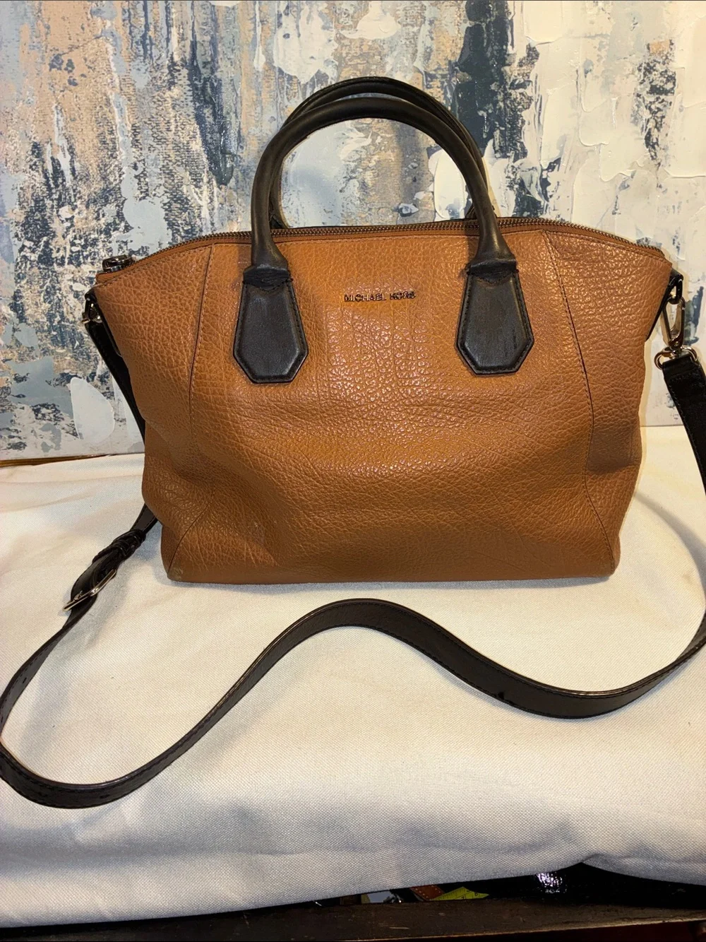 Genuine Michael Kors Campbell Cognac Leather Satchel with Black Handles